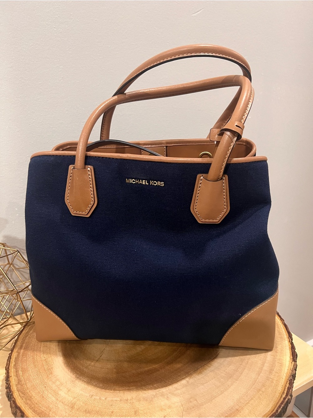 NWT Michael Kors Mercer Gallery Medium Tote Bag Navy Blue Canvas Tan Leather